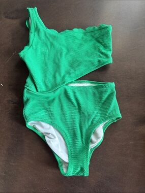 Old Navy Girls Green Textured One-Shoulder Swim One-Piece